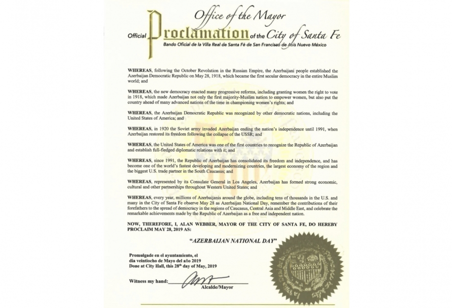 U.S. City of Santa Fe proclaims May 28 as ‘Azerbaijan National Day’
