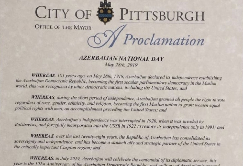 Alcalde de Pittsburgh declara el 28 de mayo como el Día de Azerbaiyán