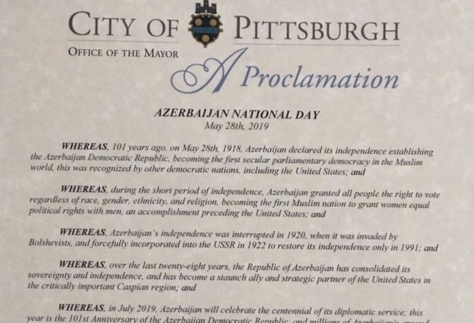 Le 28 mai a été proclamé Journée de l’Azerbaïdjan à Pittsburgh