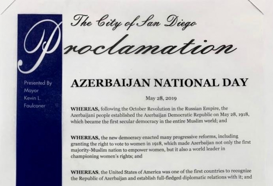 San-Dieqo şəhərində 28 may tarixi Azərbaycan Milli Günü elan edilib