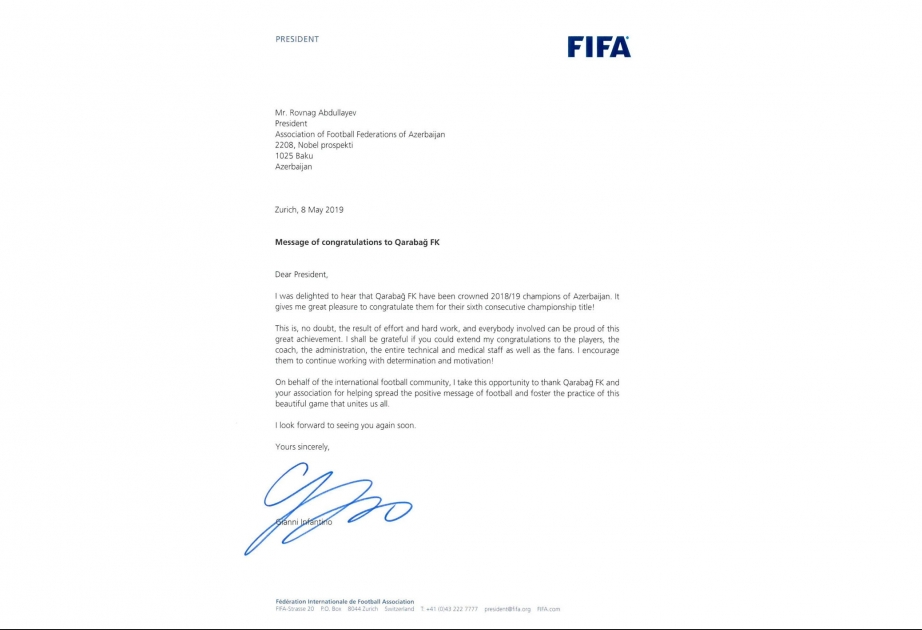 FIFA prezidenti AFFA-ya təbrik məktubu göndərib