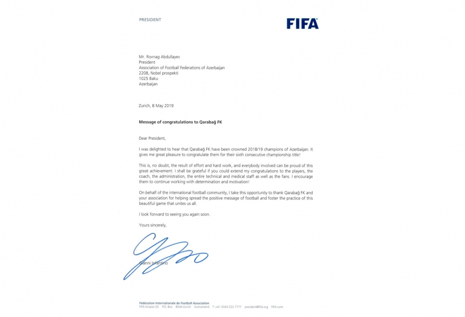 Le président de la FIFA a envoyé un message de félicitations à l’AFFA
