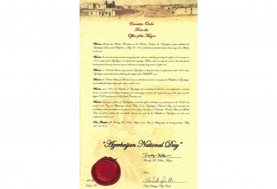 Ciudad estadounidense de Albuquerque proclama el 28 de mayo como Día Nacional de Azerbaiyán