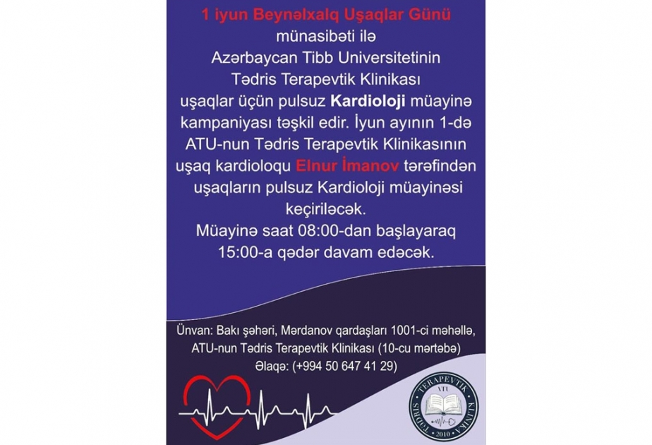 Tibb Universitetində Uşaqların Beynəlxalq Müdafiəsi Günü münasibətilə ödənişsiz kardioloji müayinələr keçiriləcək