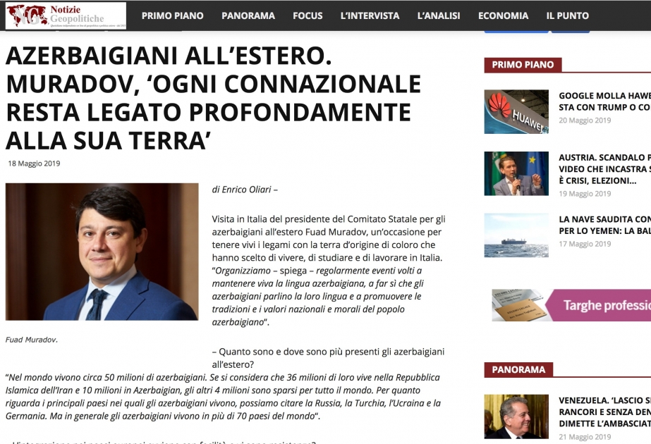 İtaliyanın “Notizie Geopolitiche” portalında Fuad Muradovun müsahibəsi dərc olunub