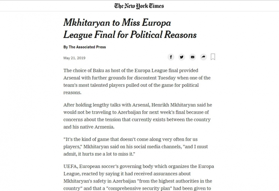 The Associated Press publishes article on UEFA Europa League Baku final