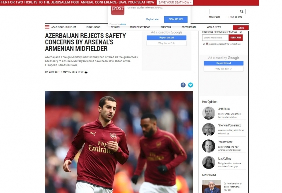 “The Jerusalem Post”: Azərbaycan “Arsenal”ın erməni mənşəli yarımmüdafiəçisinin təhlükəsizliyi ilə bağlı mümkün problemləri qəti inkar edir