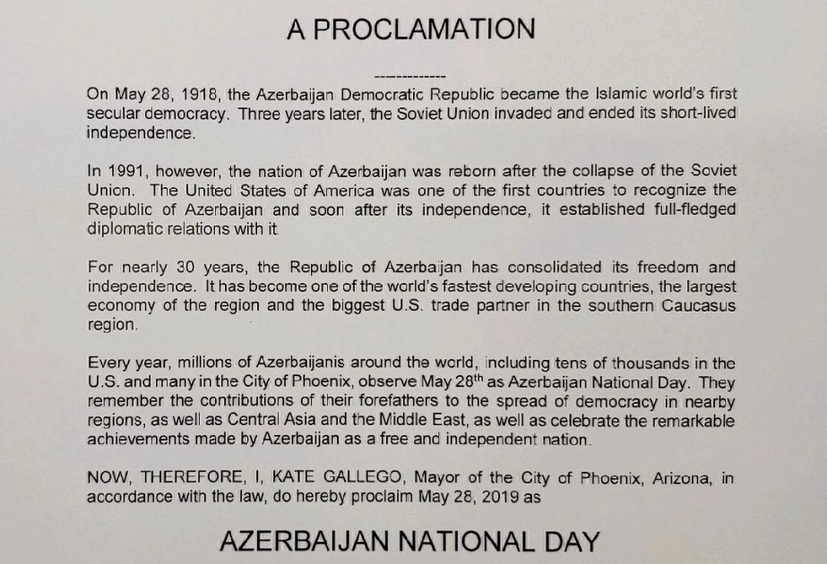 U.S. City of Phoenix proclaims May 28 as ‘Azerbaijan National Day’