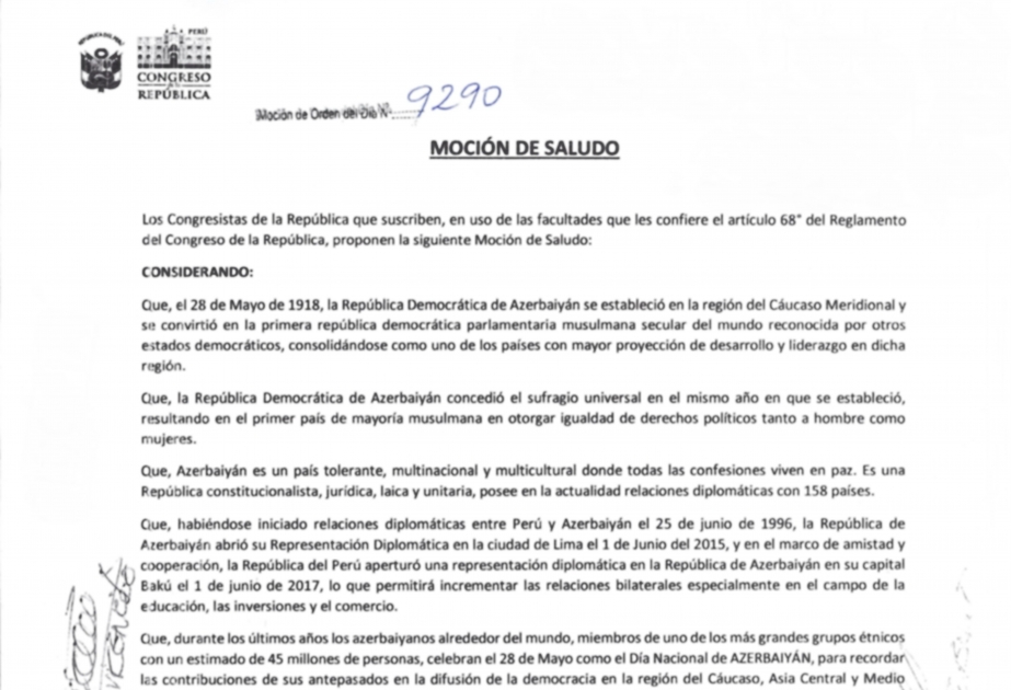 El Congreso del Perú felicita al pueblo azerbaiyano con motivo de la fiesta nacional