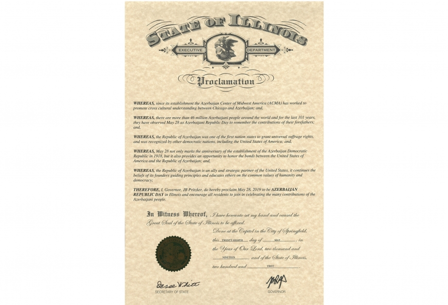 Le gouverneur de l’Illinois a proclamé le 28 mai Journée nationale de l’Azerbaïdjan