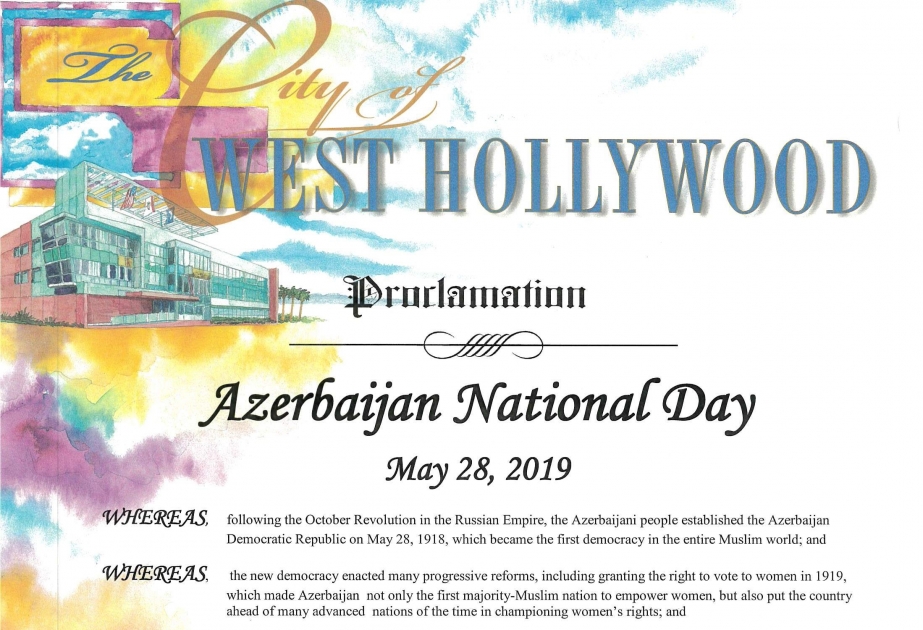 Kaliforniyanın Qərbi Hollivud şəhərində 28 may tarixi Azərbaycan Milli Günü elan edilib