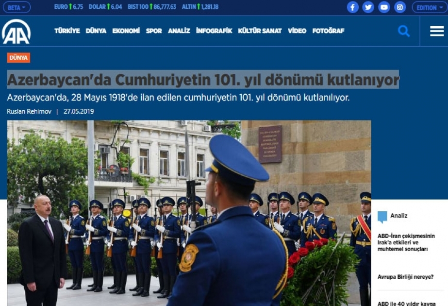 Türkiyə KİV-ləri Azərbaycan Xalq Cümhuriyyətinin ildönümünü geniş işıqlandırıb