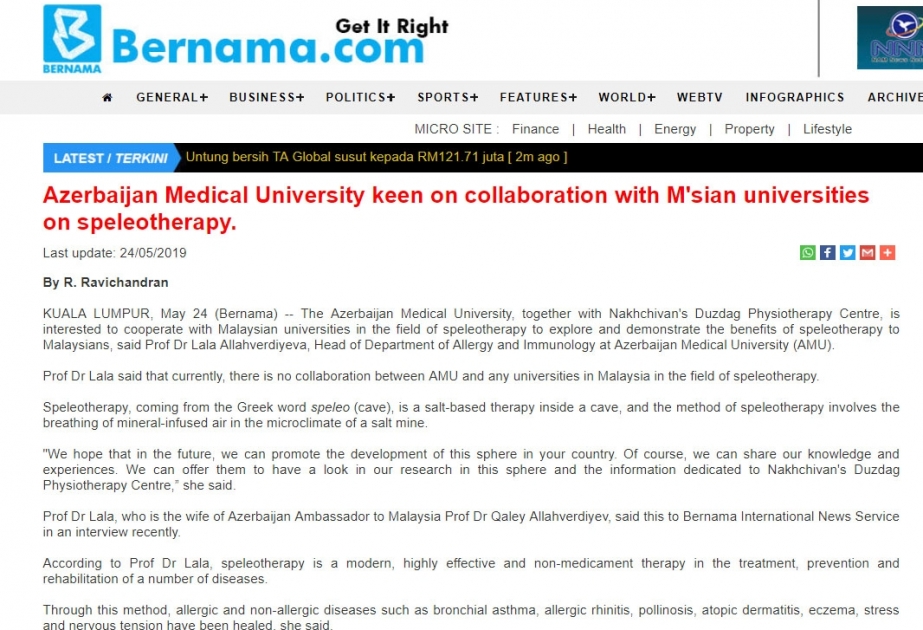 Malayziyanın Bernama agentliyi professor Lalə Allahverdiyevanın müsahibəsini yayıb