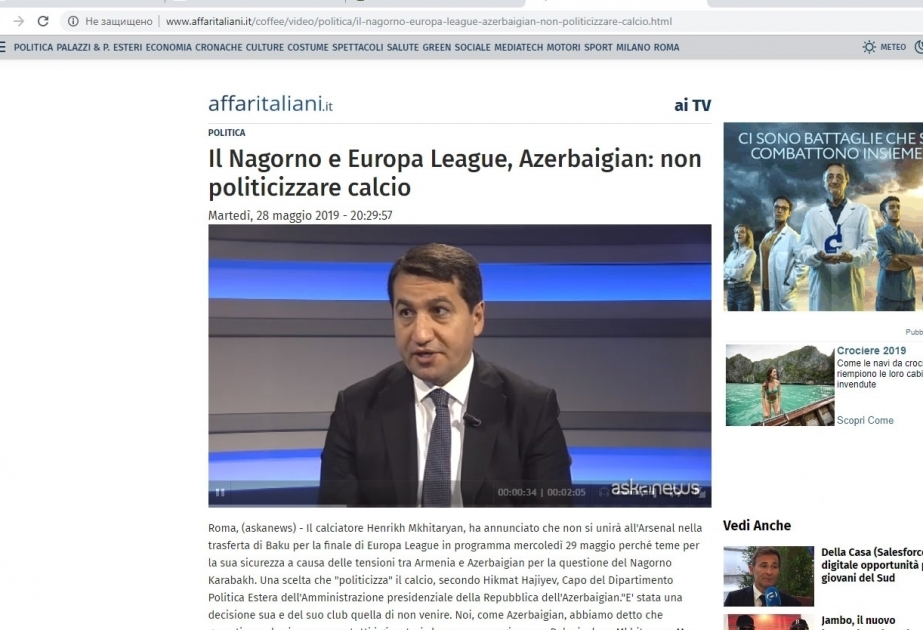 Hikmet Hadziyev a la prensa italiana: “El fútbol no debe politizarse”