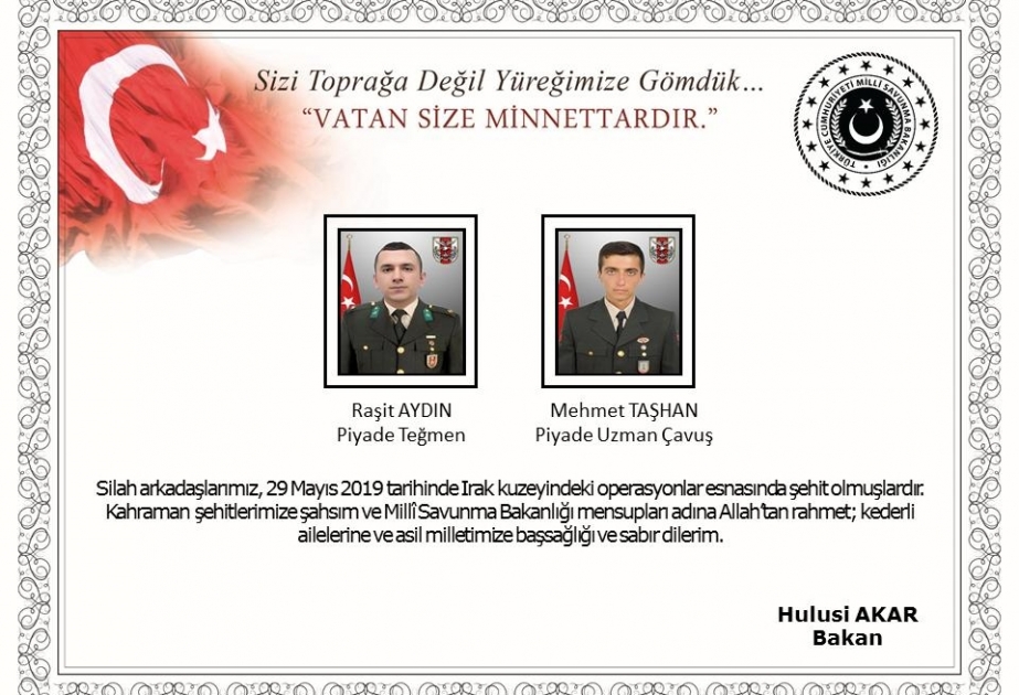Türkiyə ordusu İraqın şimalında iki şəhid verib