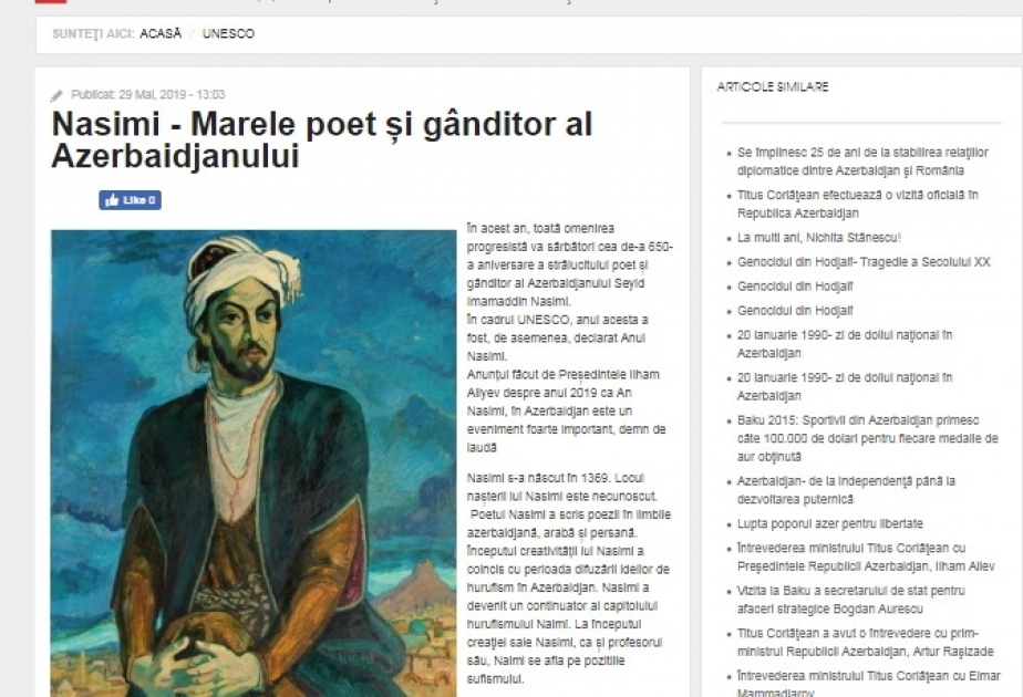 Rumıniyanın Amosnews agentliyi İmaməddin Nəsimi barədə məqalə yayıb