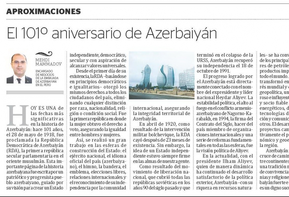 Peru qəzeti Azərbaycan Xalq Cümhuriyyətinin nailiyyətlərindən yazır