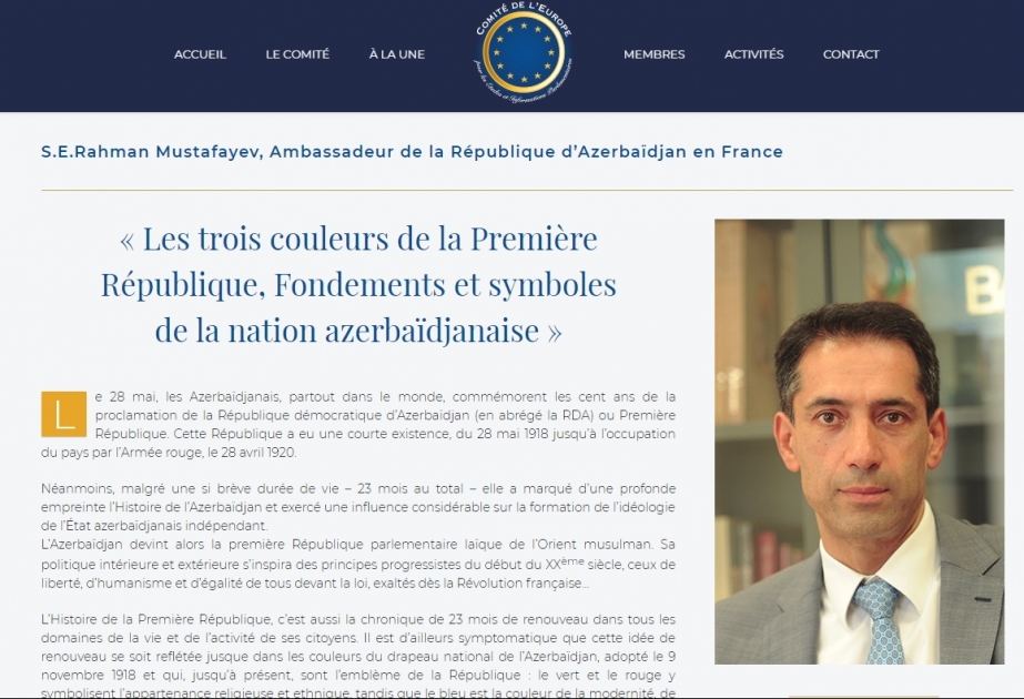 “Comitedeleurope” portalında Azərbaycan Xalq Cümhuriyyətindən bəhs edən məqalə dərc olunub