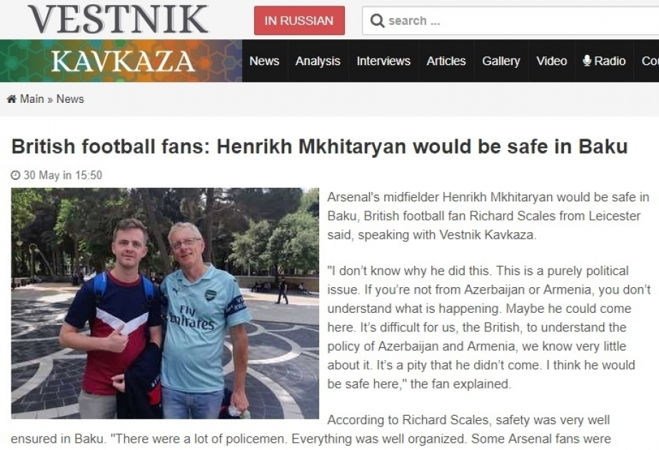 British football fans: Henrikh Mkhitaryan would be safe in Baku