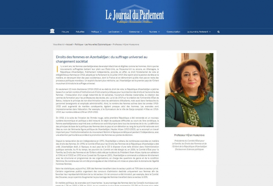 “Le Journal du Parlement”: Azərbaycanda qadın hüquqları - ümumi səsvermədən ictimai dəyişikliklərə doğru”