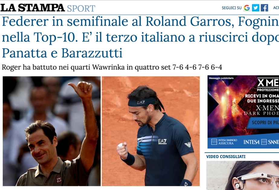 Tennis üzrə Fransa açıq çempionatında italiyalı idmançı ilk onluğa daxil olub