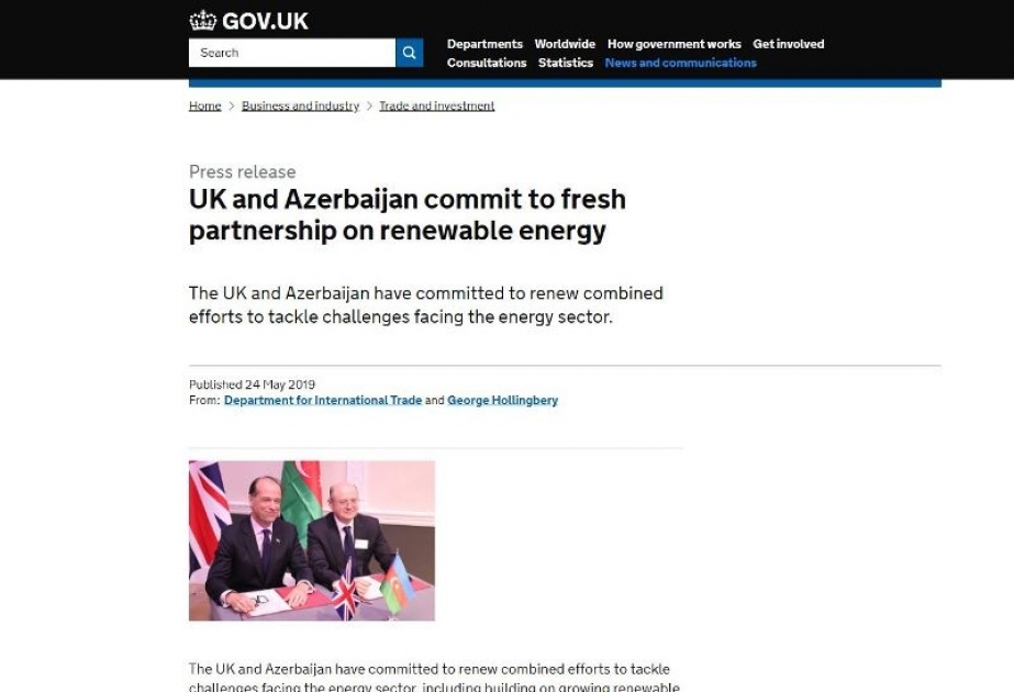 Böyük Britaniya və Azərbaycan bərpaolunan enerji ilə bağlı yeni tərəfdaşlığa başlayıb