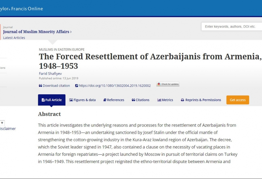 Britaniya jurnalında “1948-1953-cü illərdə azərbaycanlıların Ermənistandan sürgün edilməsi” adlı məqalə dərc olunub
