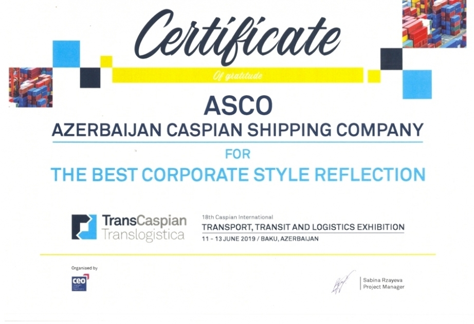 Stand de ASCO recibió un certificado especial de TransCaspian / Translogistica 2019