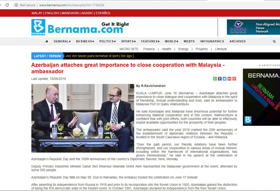 BERNAMA agentliyi: Azərbaycan Malayziya ilə sıx əməkdaşlığa böyük əhəmiyyət verir