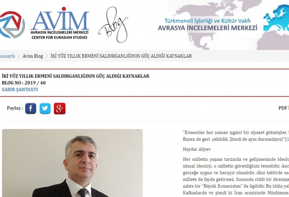 Türkiyənin Avrasiya Araşdırmalar Mərkəzinin saytında AZƏRTAC-ın xüsusi müxbirinin erməni təcavüzkarlığı barədə məqaləsi yayılıb