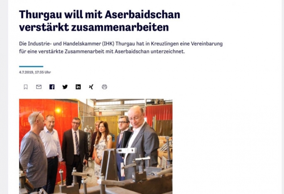 Periódico: Cantón suizo de Turgovia tiene interés en profundizar la cooperación con Azerbaiyán