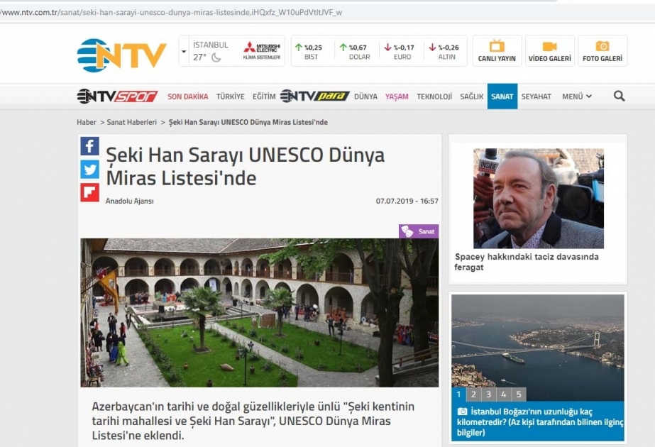 Prensa turca ha cubierto ampliamente la inclusión del centro histórico de Sheki de Azerbaiyán en la Lista del Patrimonio Mundial de la UNESCO