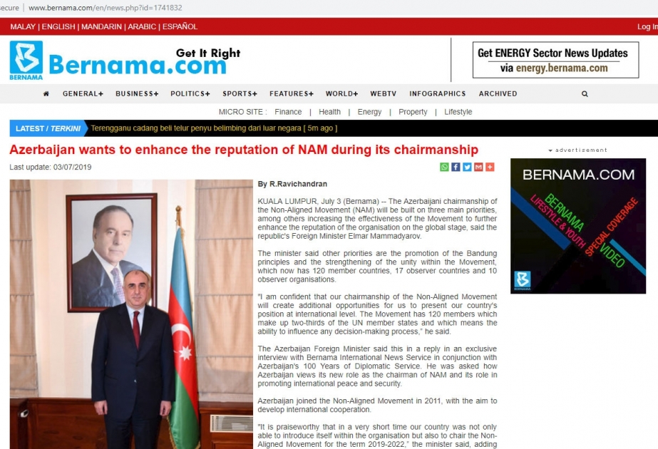 Malayziyanın BERNAMA agentliyi Azərbaycanın Xarici İşlər nazirinin geniş müsahibəsini yayıb