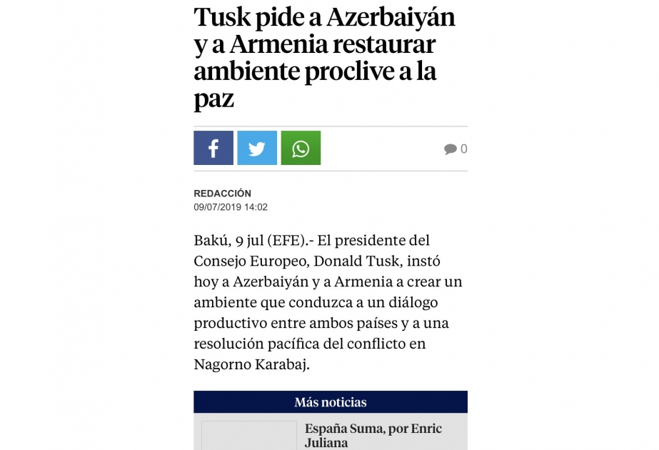 La Vanguardia: Дональд Туск подтвердил поддержку ЕС суверенитета, независимости и территориальной целостности Азербайджана