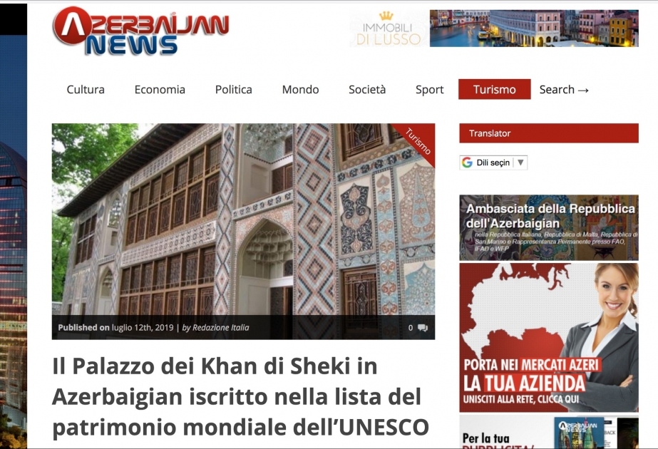 Un artículo sobre el Palacio Khan de Shaki fue publicado en la prensa italiana
