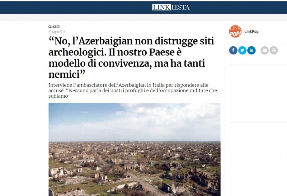 Italian newspaper publishes Azerbaijani ambassador’s response to pro-Armenian article