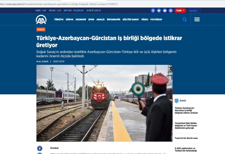 Anadolu agentliyi: Türkiyə-Azərbaycan-Gürcüstan müttəfiqliyi regionda sülhün və sabitliyin güclənməsinə yönəlib