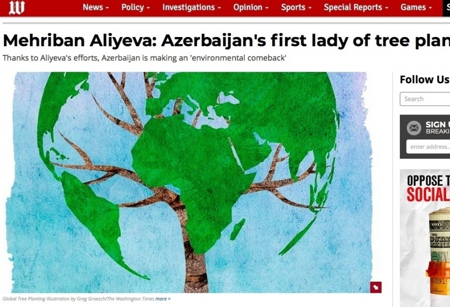 The Washington Times sobre la campaña de plantación de árboles iniciada por la Primera Dama de Azerbaiyán