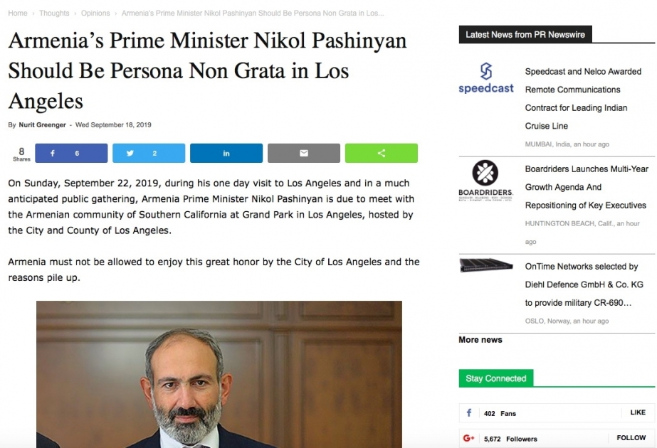 “News Blaze” nəşri: “Ermənistanın Baş naziri Nikol Paşinyan Los-Ancelesdə persona non-qrata elan edilməlidir”