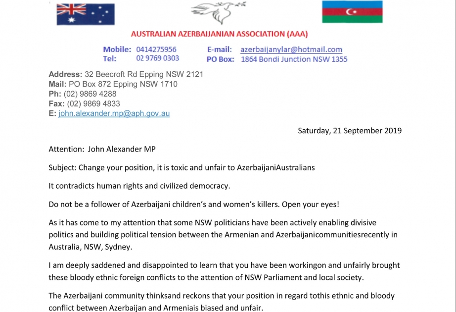 Avstraliya Azərbaycanlıları Assosiasiyası deputat Con Aleksandrdan insan hüquqlarına hörmətlə yanaşmağı tələb edib