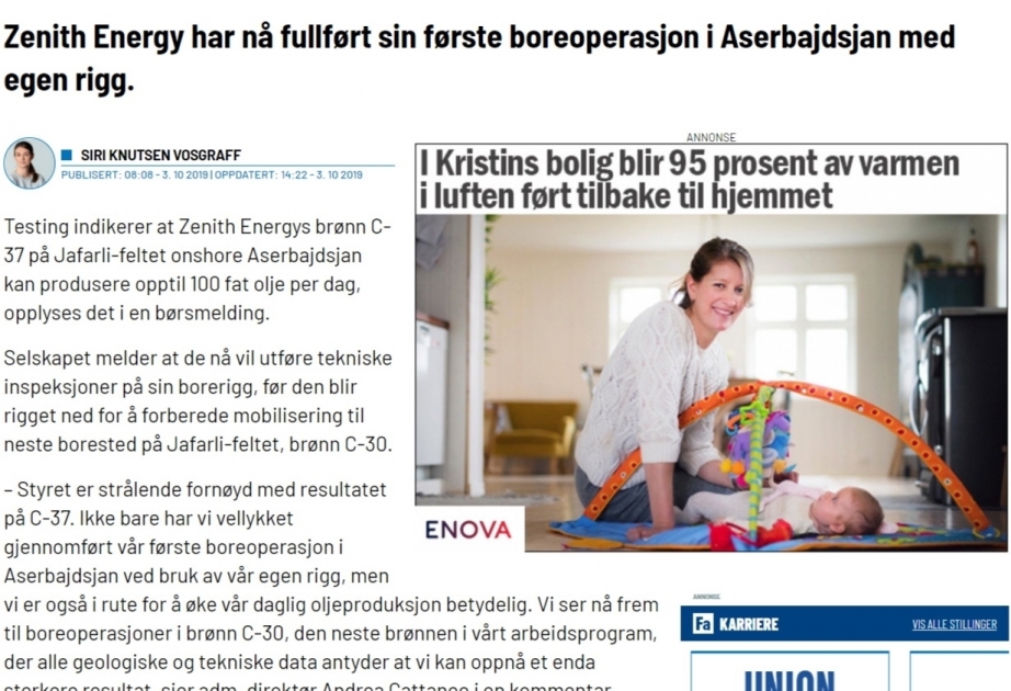 Finansavisen: Zenith Energy perforó con éxito su primer pozo de petróleo en Azerbaiyán