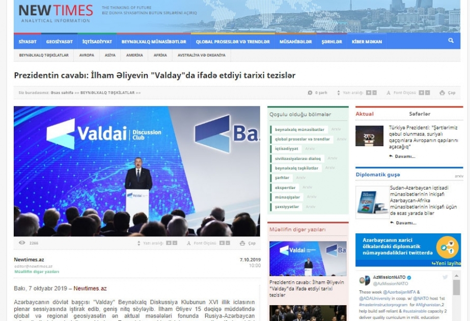 Prezidentin cavabı: İlham Əliyevin "Valday"da ifadə etdiyi tarixi tezislər