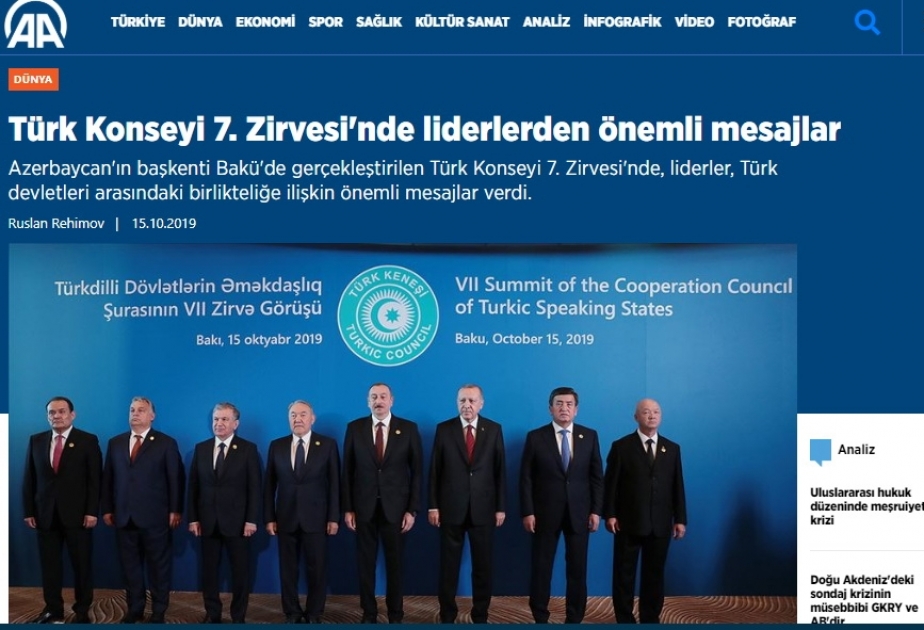 Türkiyə KİV-ləri Türk Şurasının Bakıda keçirilən Zirvə Görüşünü geniş işıqlandırıb