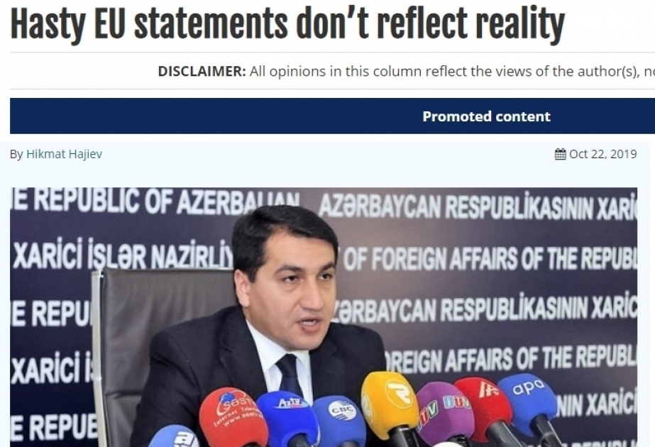 Hikmat Hajiyev: Las declaraciones apresuradas de la UE no reflejan la realidad