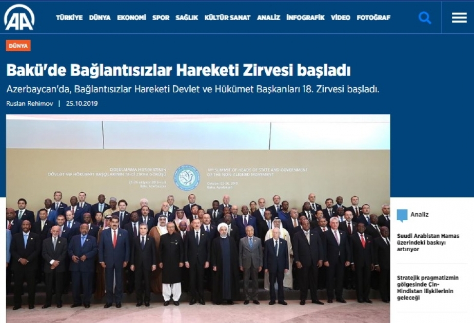 Qoşulmama Hərəkatının XVIII Zirvə Görüşü Türkiyə KİV-ləri tərəfindən geniş işıqlandırılıb