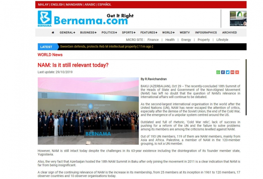 Bernama agentliyi: Qoşulmama Hərəkatına bu günün geosiyasi şərtləri və reallıqları şəraitində böyük ehtiyac var