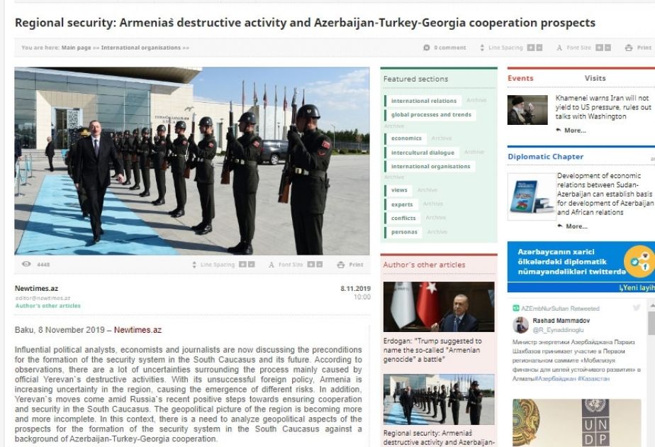 Regional security: Armenia`s destructive activity and Azerbaijan-Turkey-Georgia cooperation prospects