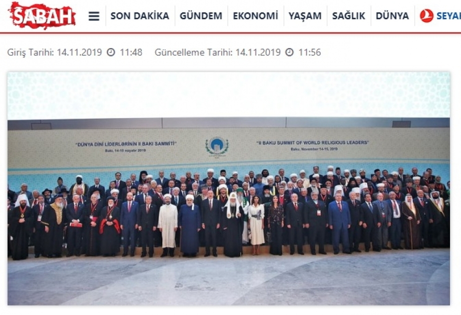 Türkiyə KİV-ləri Dünya dini liderlərinin II Bakı Sammitini geniş işıqlandırıb