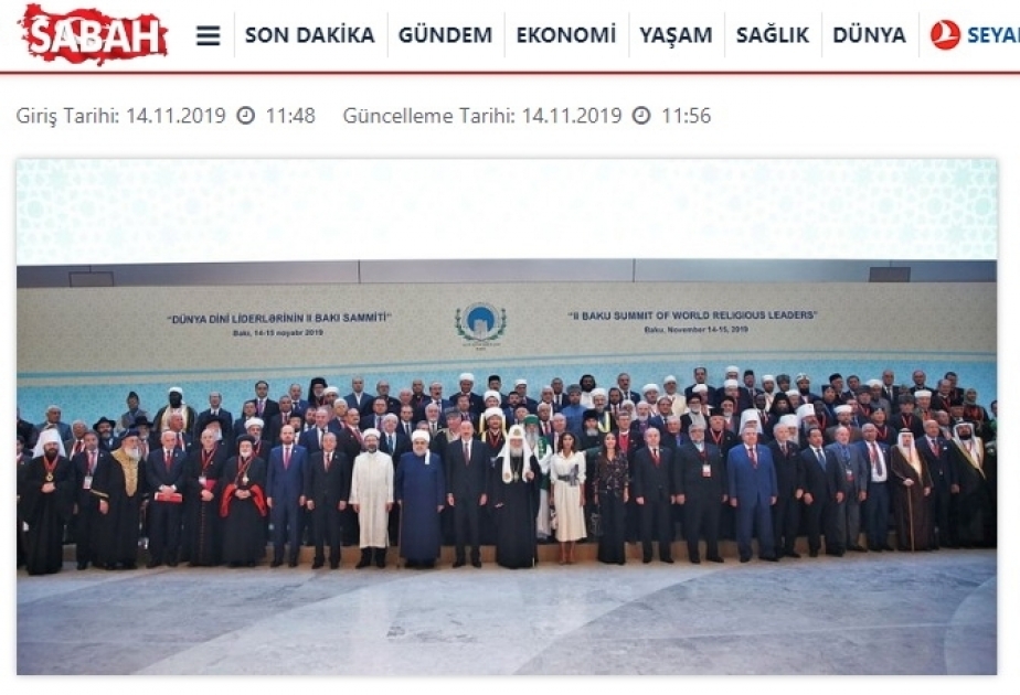 2nd Baku Summit of World Religious Leaders in spotlight of Turkish media