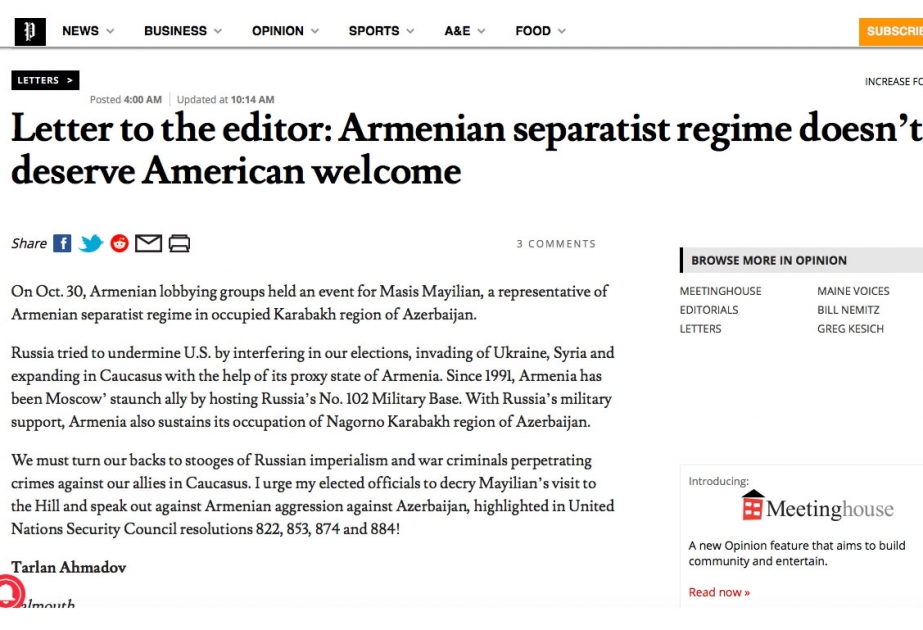 “The Press Herald” erməni separatçılarının Amerika tərəfindən qəbul edilməməsini çağıran məqalə yayıb